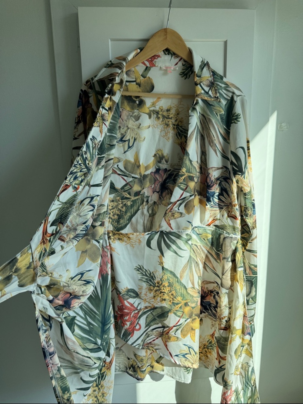Vici Tropical Floral Wrap Dress in White, Green, Yellow - Picture 4 of 12